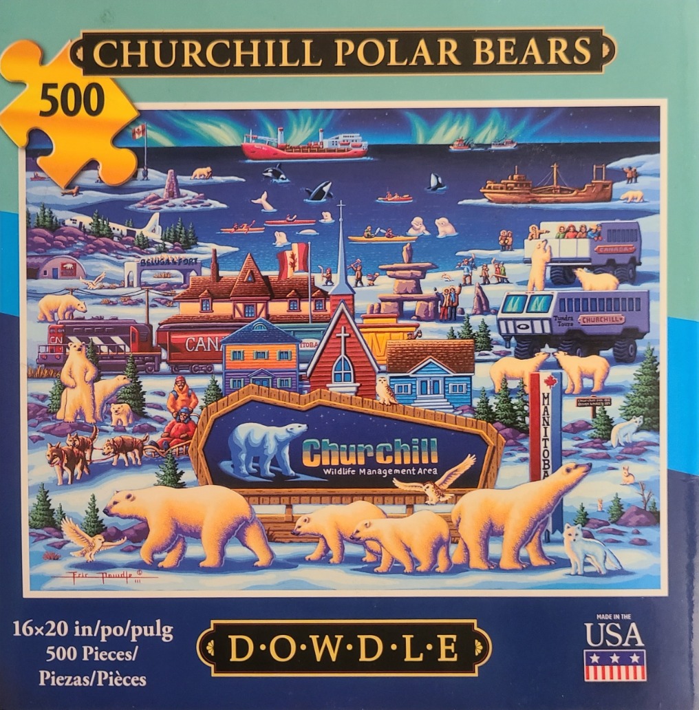Folk art illustration of polar bears, wildlife, and a townscape in Churchill, Manitoba, under the aurora borealis.