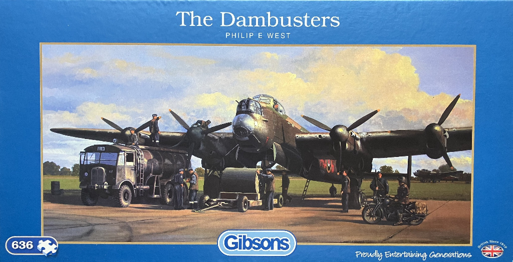 Painting of a WWII Lancaster bomber on an airfield being serviced by ground crew and vehicles.