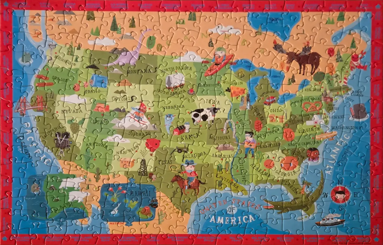 An illustrated map of the United States featuring colorful regional icons and state names.