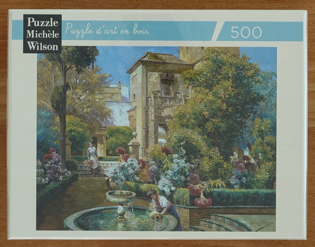 Oil painting of a sunlit Mediterranean garden courtyard with a fountain and two women in traditional dress.