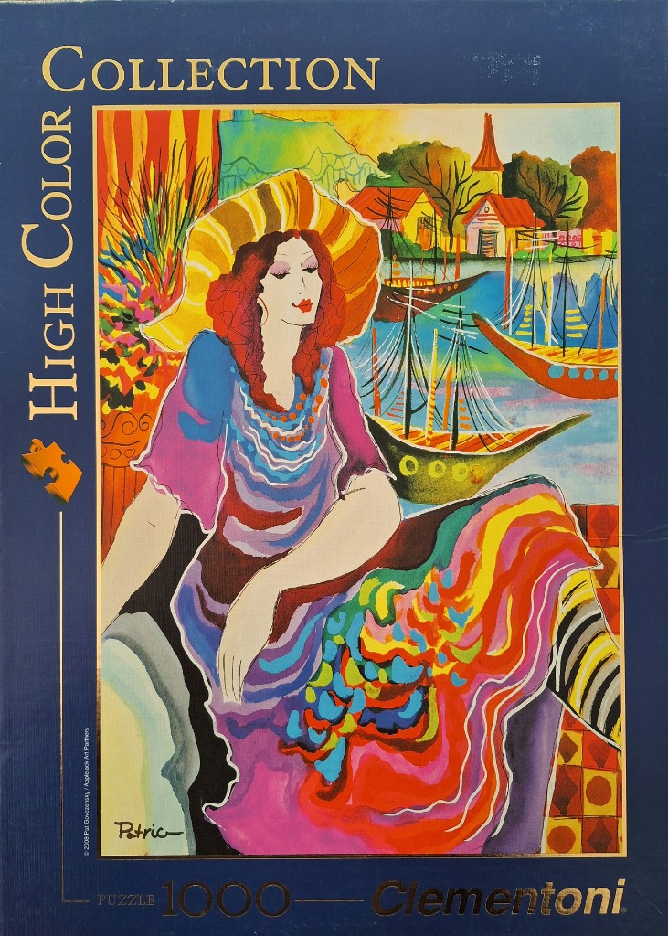 An expressionist illustration of a woman wearing a sun hat seated by a harbor with sailboats.