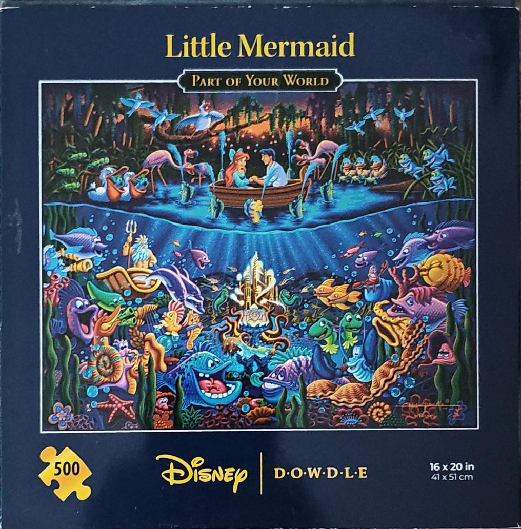The Little Mermaid artwork showing Ariel and Eric in a boat above an underwater scene with King Triton and sea creatures.