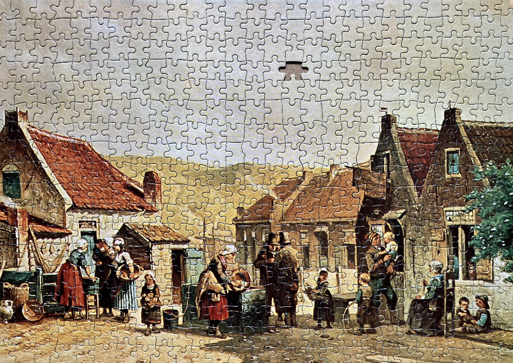 A village scene with people and traditional architecture in a classic painting style.