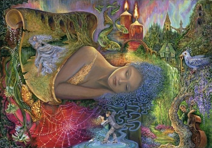 Surreal fantasy scene with a sleeping woman, merging into a landscape of castles, candles, and musical dancers.