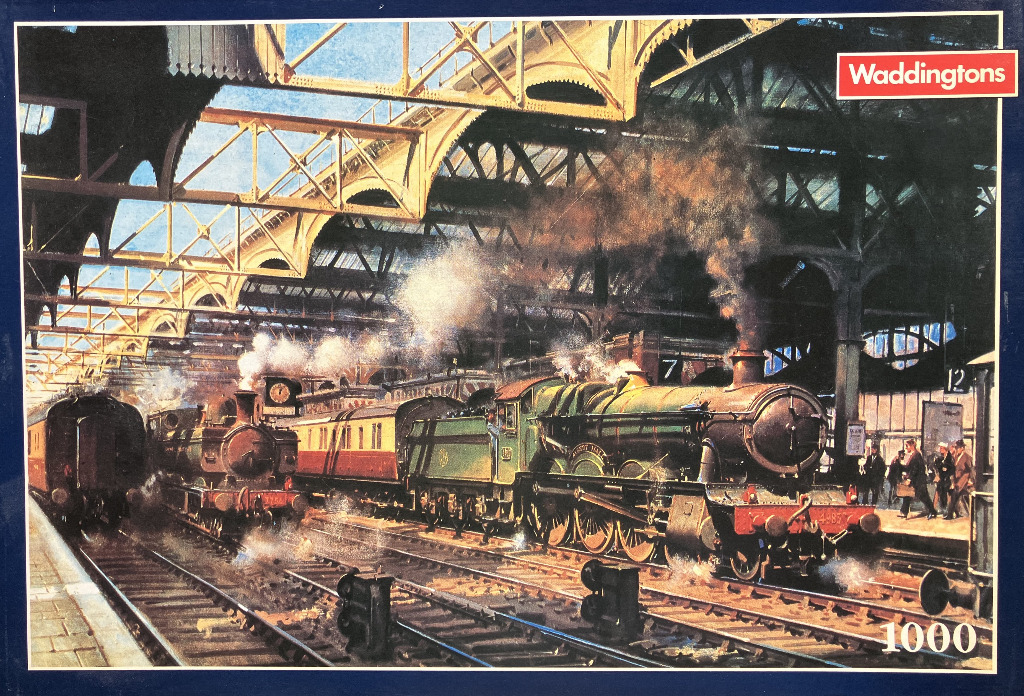 A nostalgic painting of steam trains under the grand iron arches of a bustling Victorian-era railway station.