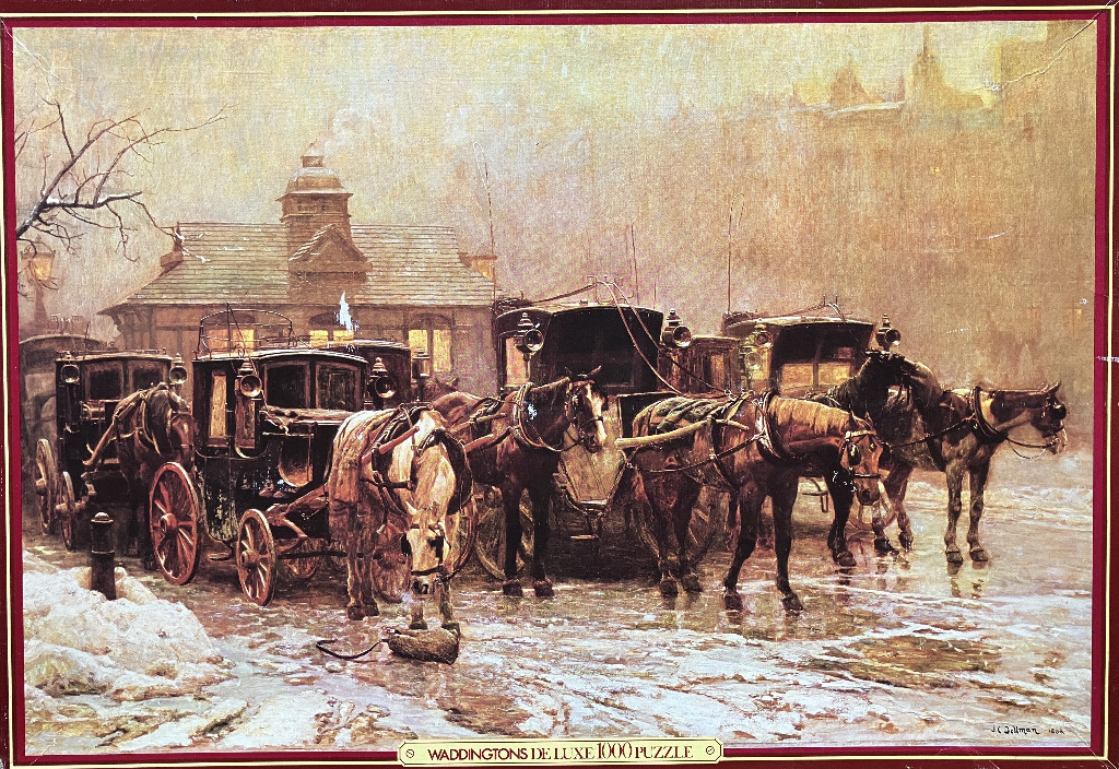 An oil painting of horse-drawn carriages waiting in a snowy, foggy Victorian city square.