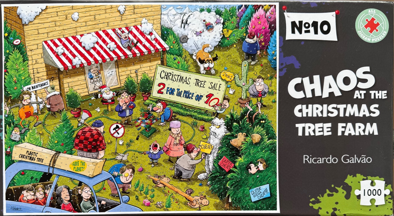 Cartoon illustration of a chaotic Christmas tree farm with customers and humorous mishaps.
