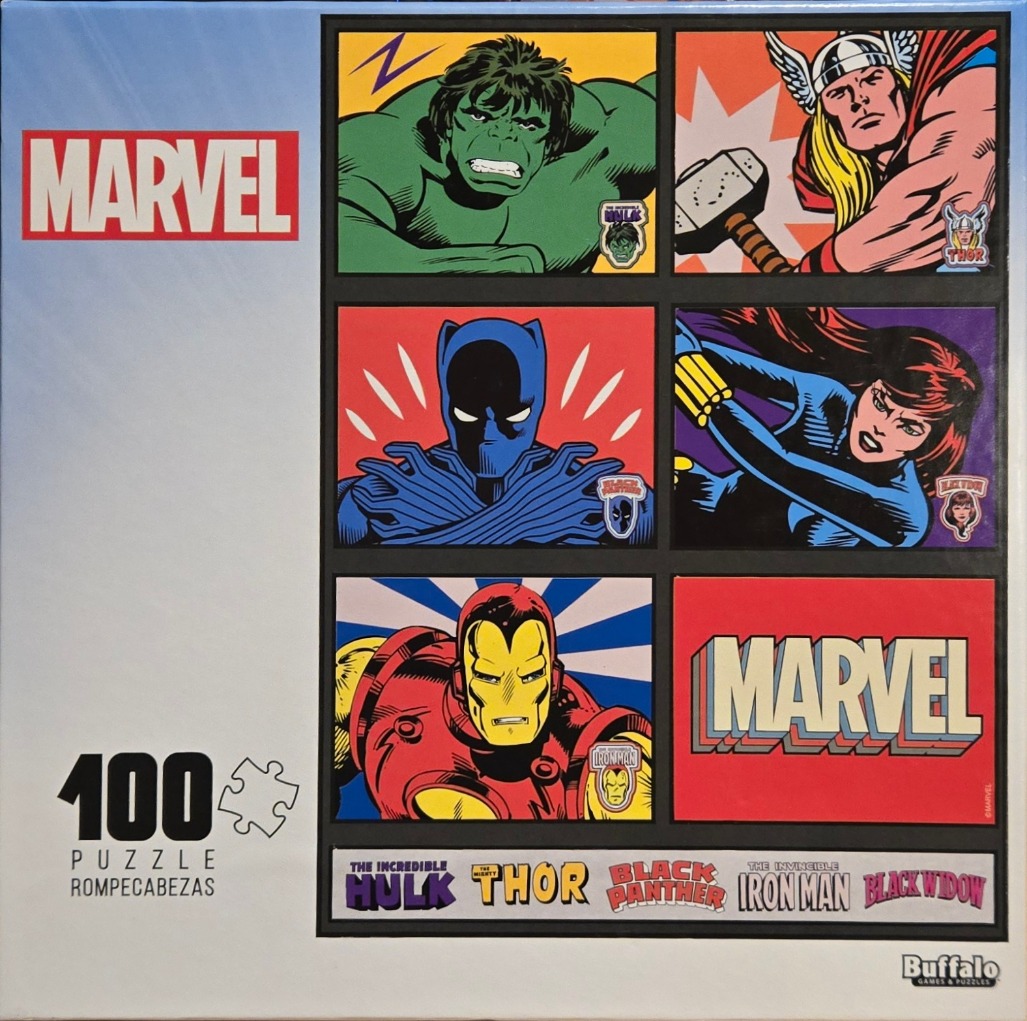 Comic book style collage featuring five Marvel superheroes and the Marvel logo in a grid.