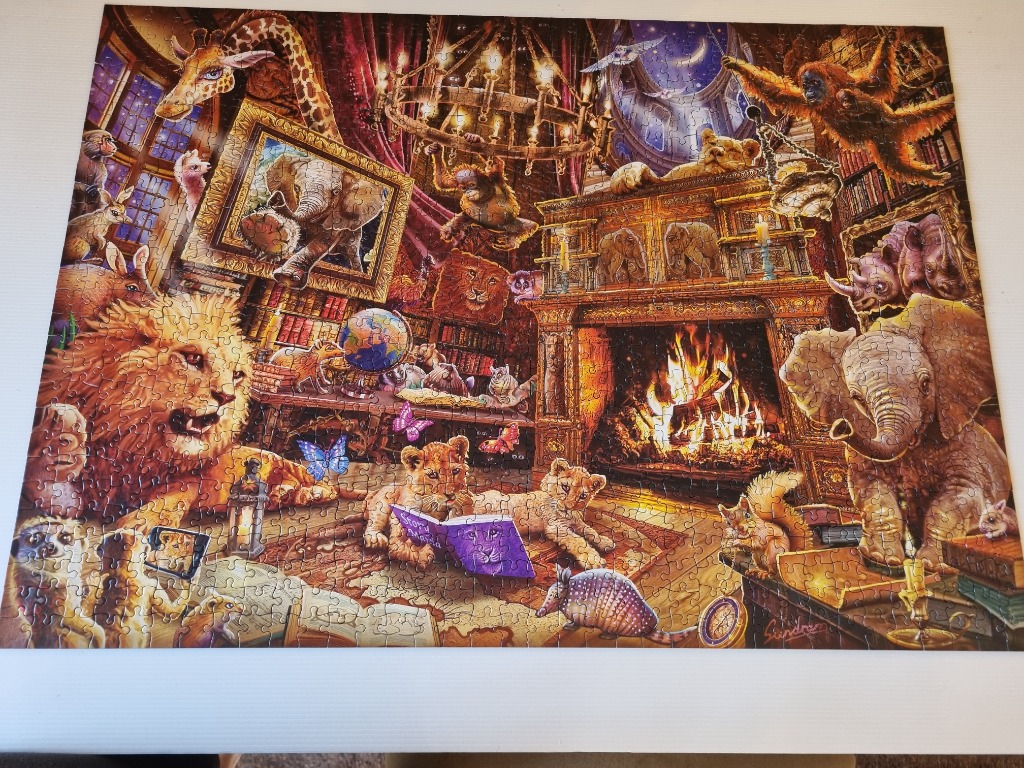 A fantasy illustration of a cozy library filled with various wild animals surrounding a warm fireplace.