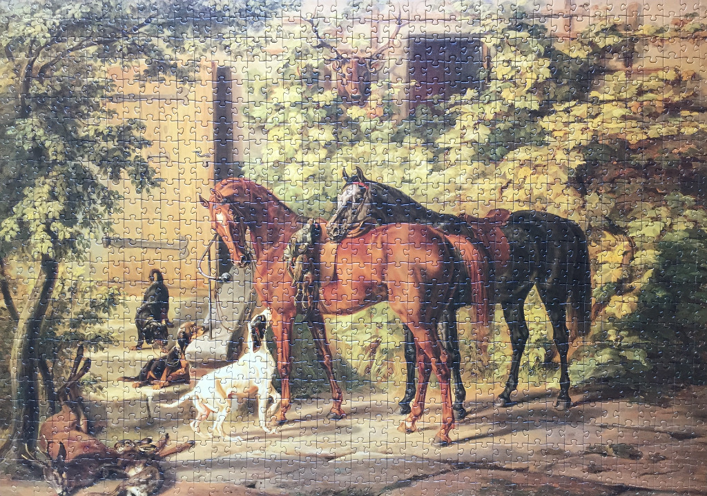 Painting of two saddled horses and several hunting dogs outside a stone building