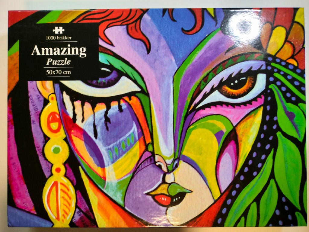Close-up, abstract expressionist portrait of a woman's face with bold colors and heavy black outlines.