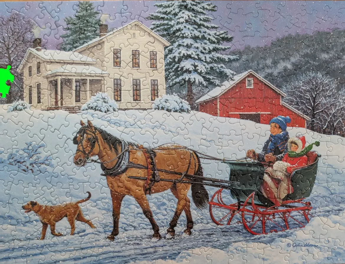 A horse-drawn sleigh carrying two people through a snowy landscape with a farmhouse and red barn in the background.