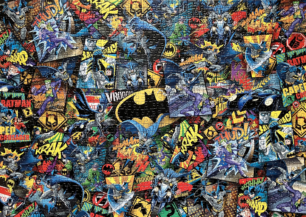 A collage of vintage comic book panels featuring Batman, The Joker, and various action sound effects.