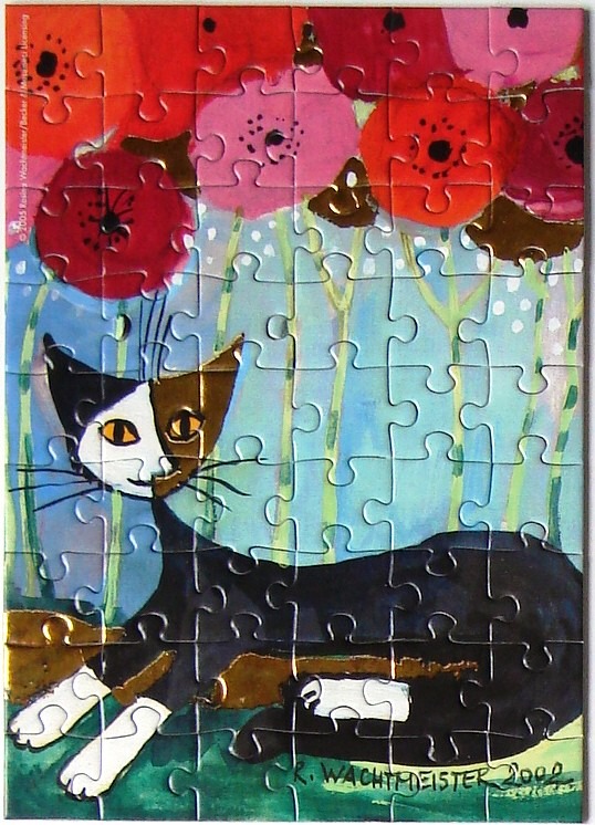 A whimsical painting of a black and white cat sitting in front of stylized red and pink flowers.