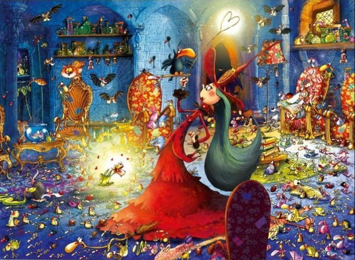 A whimsical cartoon witch in a red gown casts a spell in a cluttered, magical stone tower room filled with small creatures.