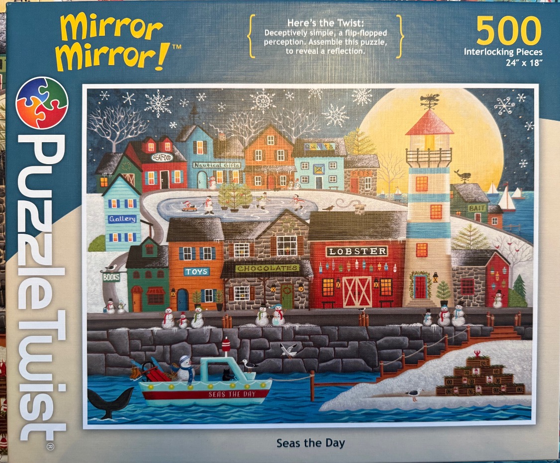 Winter coastal village scene with a lighthouse, colorful storefronts, snowmen, and a small boat named Seas the Day.