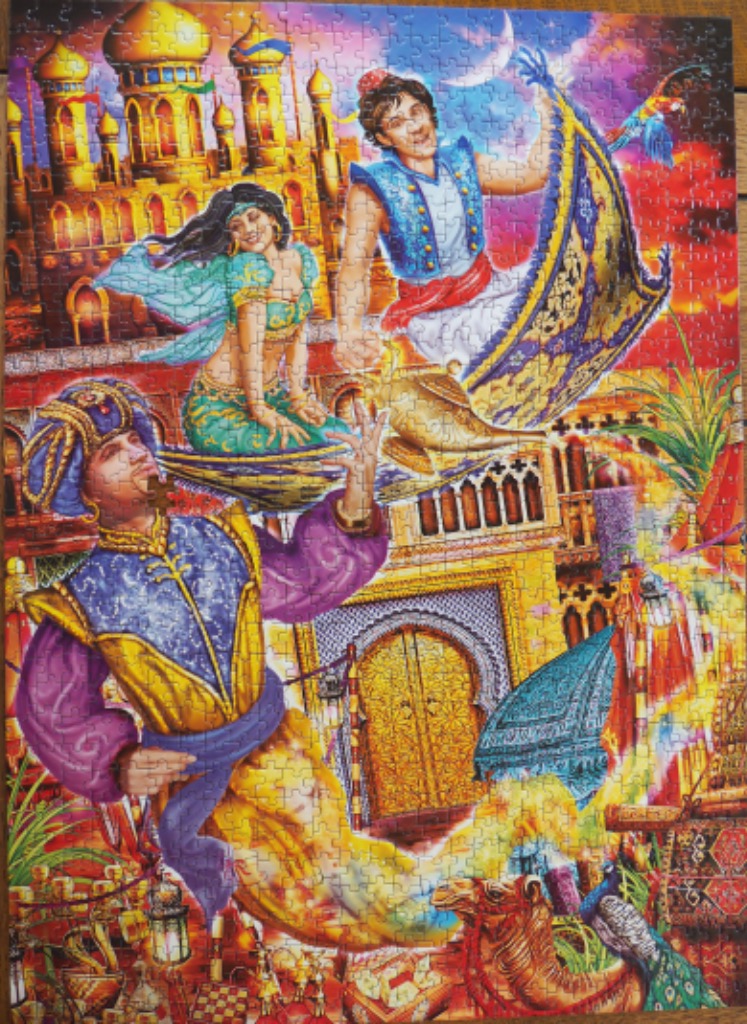 Illustration of Aladdin, Jasmine, and a Genie in front of an Arabian-style palace at sunset.