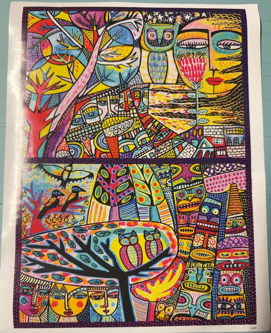 Abstract illustration divided into two panels featuring stylized faces, owls, trees, and patterns in vibrant, saturated color