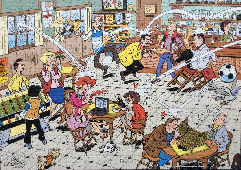 A chaotic cartoon scene inside a tavern with a flying soccer ball shattering a window.
