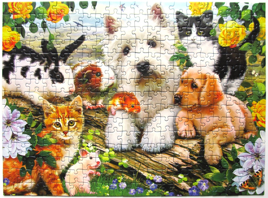 A group of diverse pets, including a dog, cat, rabbit, and guinea pigs, gathered together in a lush garden setting.