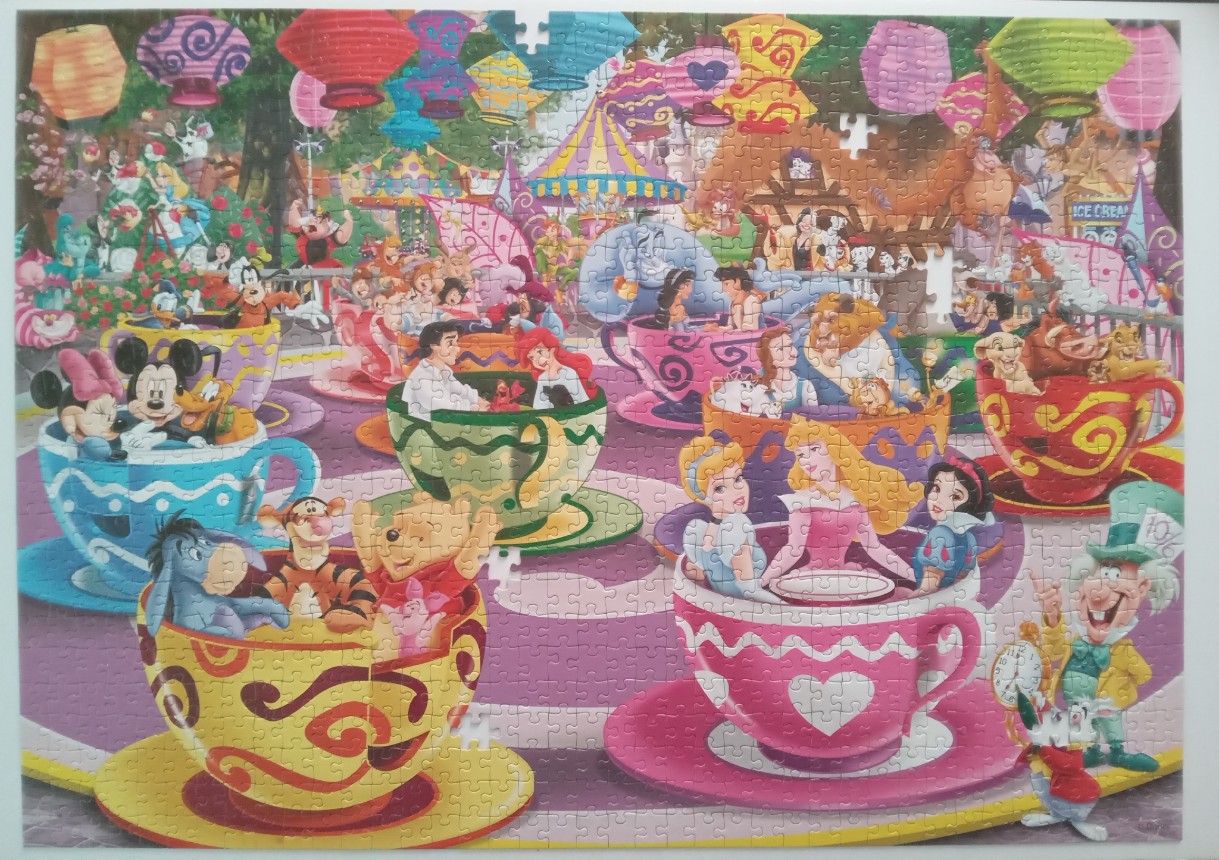 A crowded illustration of various animated characters riding in spinning teacup amusement park rides.