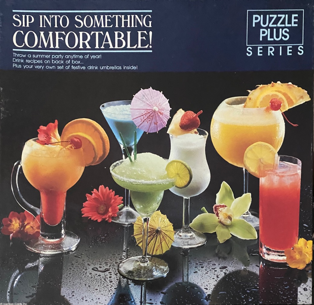 A collection of six colorful tropical cocktails arranged on a reflective dark surface against a black background.