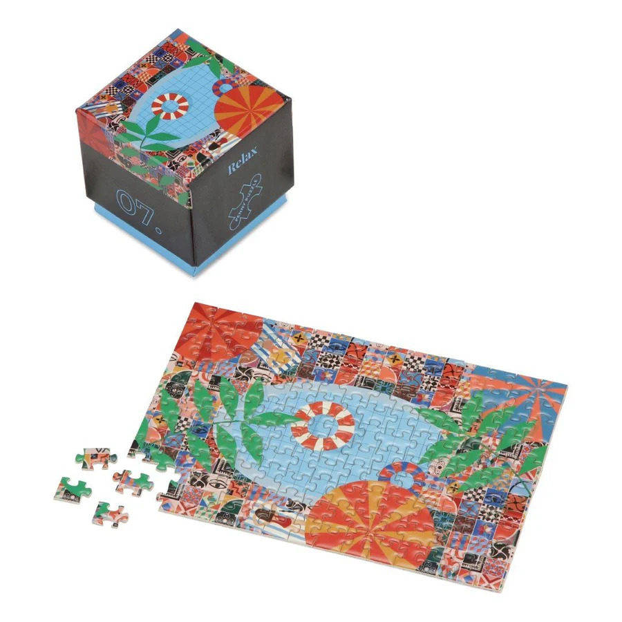 A rectangular illustration featuring a stylized swimming pool surrounded by colorful patterned tiles and beach umbrellas.