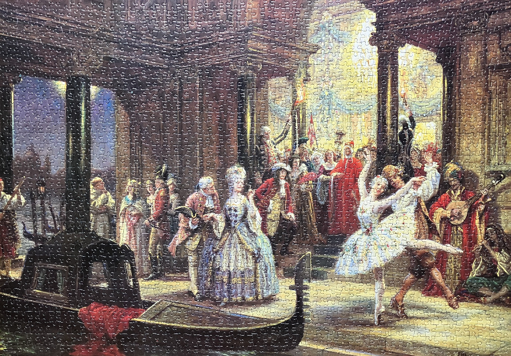 An 18th-century Venetian ball scene with a woman in a white gown dancing near a gondola.