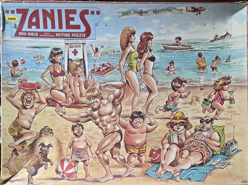 A humorous, cartoon-style beach scene filled with diverse sunbathers, swimmers, and a muscular man posing.