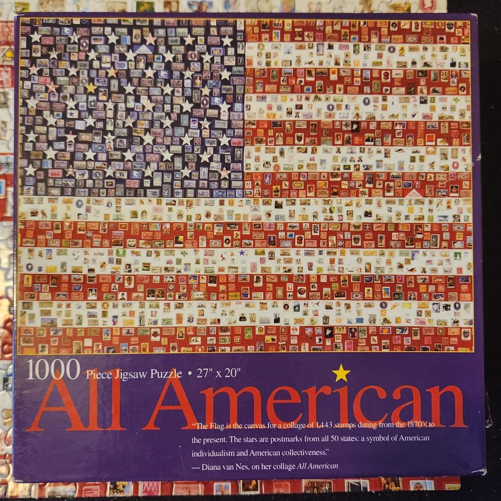 A montage of 1,443 postage stamps arranged to form the pattern of the American flag.