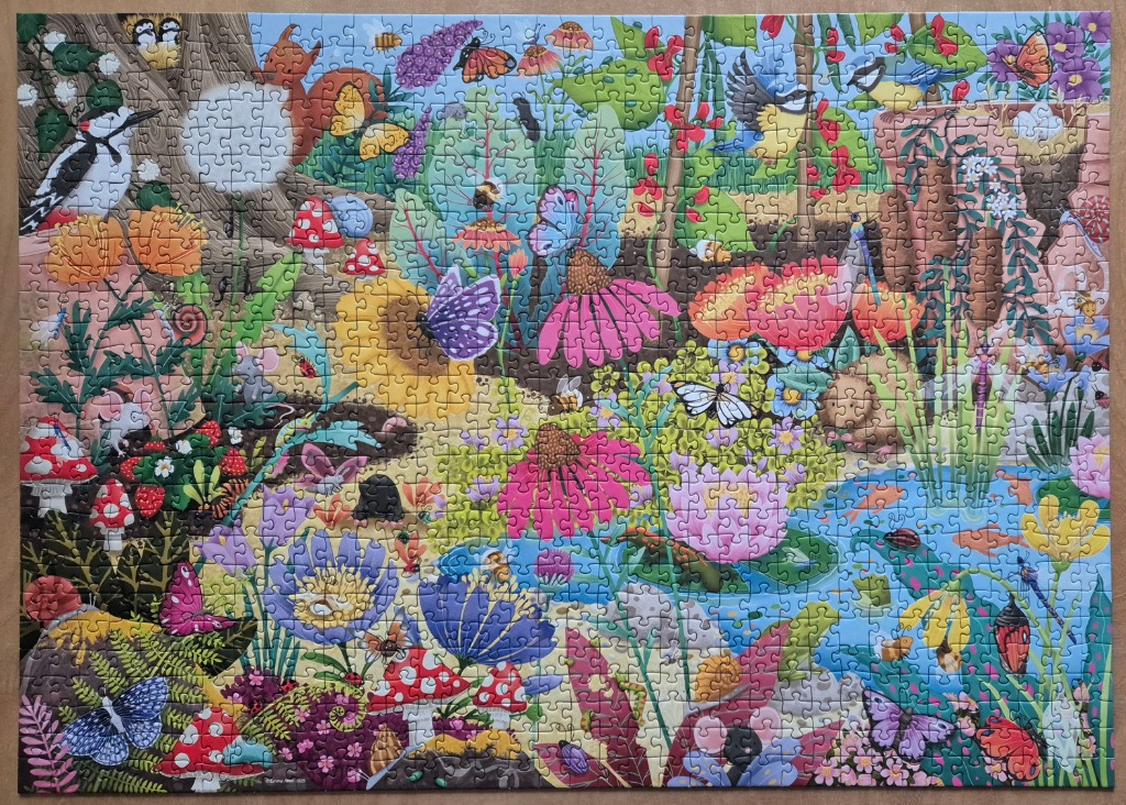 A whimsical illustration of a lush garden filled with diverse flowers, insects, birds, and small woodland creatures.