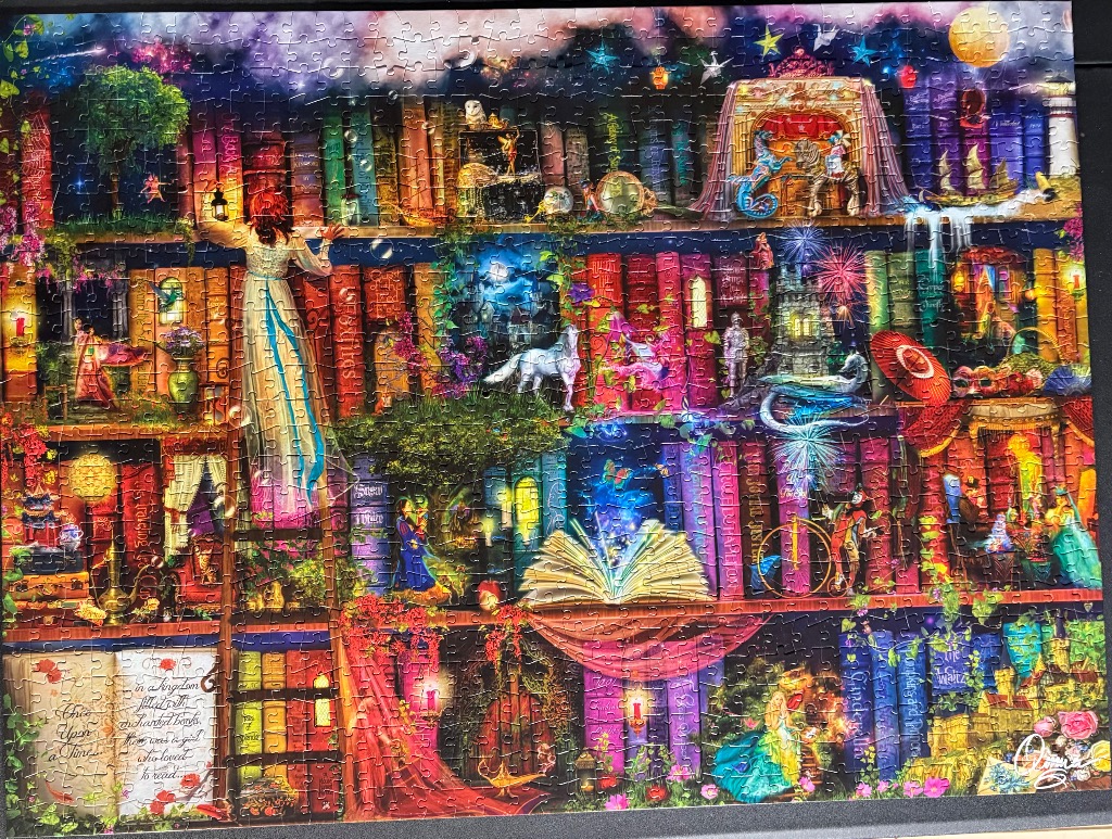 A fantasy illustration of a giant library bookshelf filled with enchanted stories and mythical characters.