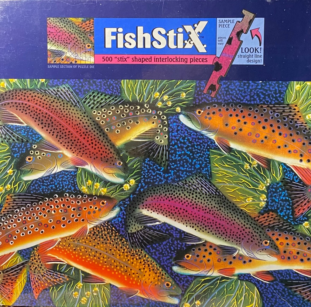 An illustration of multiple trout swimming among lily pads on a dark, stippled blue background.