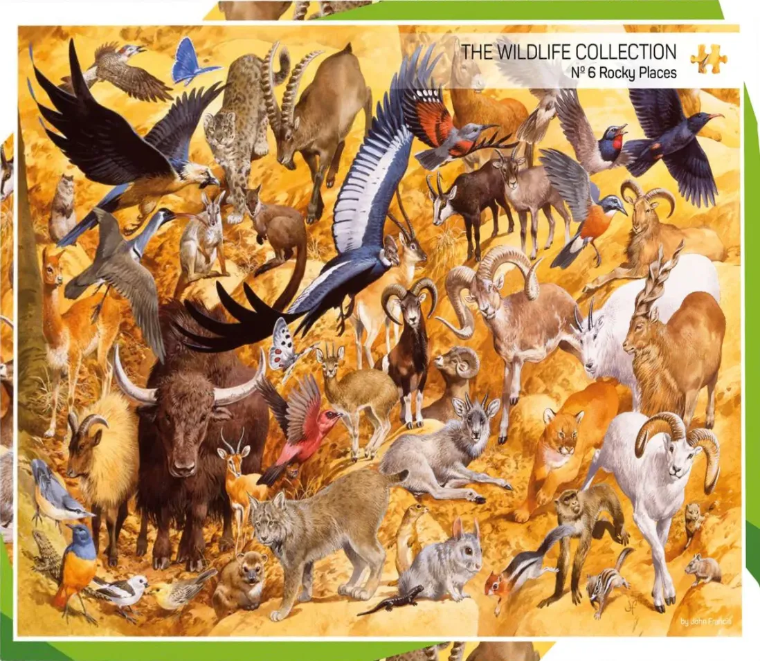 A dense montage of various mountain-dwelling animals and birds set against a rocky, golden-yellow landscape.