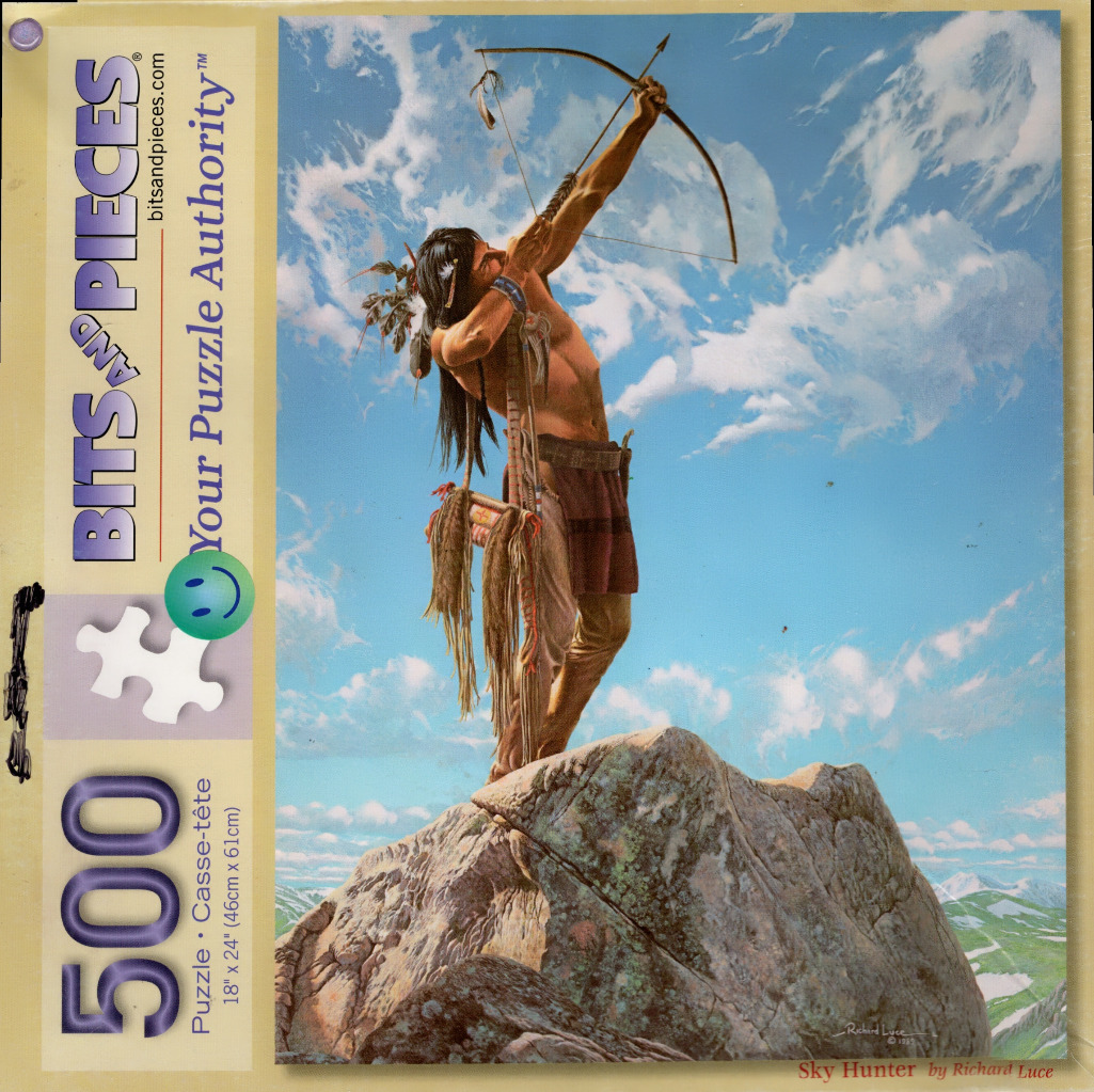 Painting of a Native American archer standing on a rocky outcrop aiming at the sky.