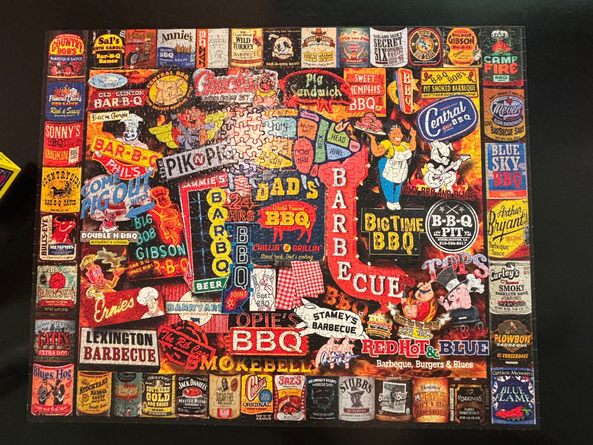 A collage of vintage-style barbecue sauce labels, restaurant signs, and humorous pig illustrations.