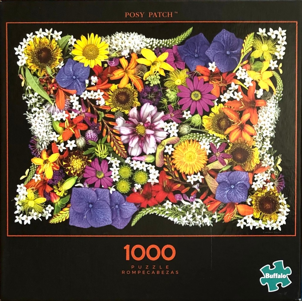 A dense, vibrant collection of various colorful wildflowers arranged in a rectangle against a solid black background.