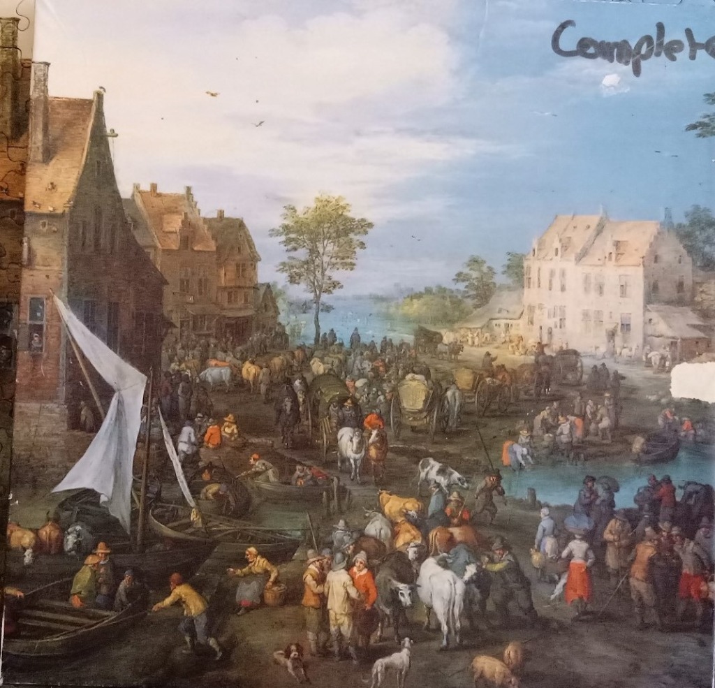 A 17th-century style painting of a bustling canal-side market scene with livestock, people, and boats.