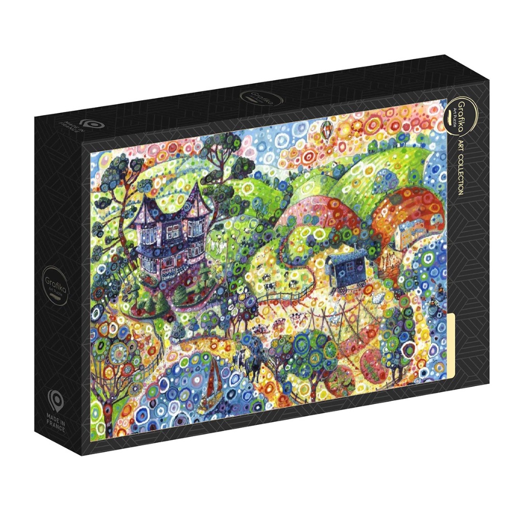 Whimsical folk art painting of a countryside landscape with a large house, rolling hills, and colorful circular patterns.