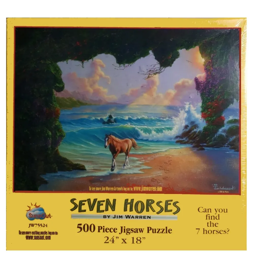 An oil painting of a horse walking on a sandy beach inside a dark, rocky sea cave at sunset.