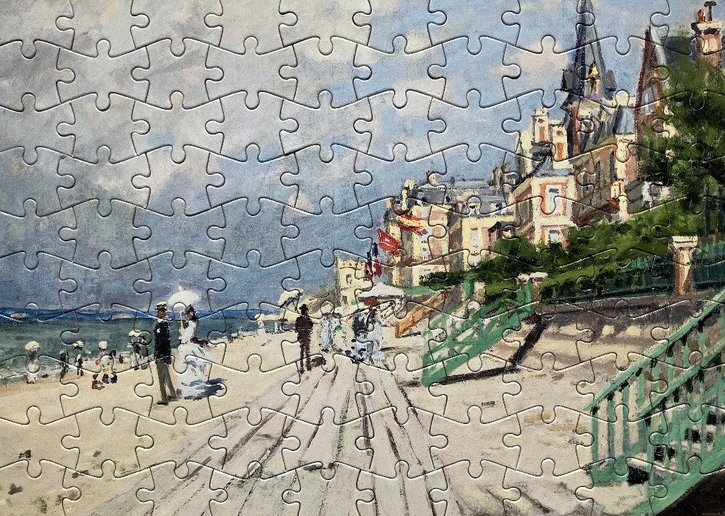 An impressionist painting of people strolling along a boardwalk near beachside hotels under a bright, cloudy sky.