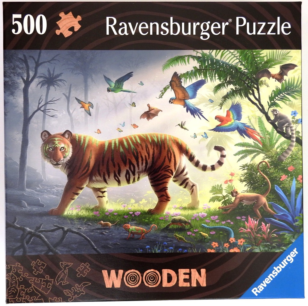 A tiger walking through a lush jungle clearing filled with birds, monkeys, and exotic animals.