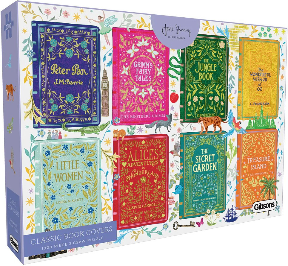An illustration featuring eight classic book covers surrounded by literary-themed motifs.