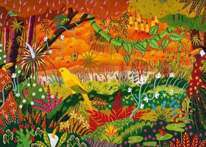 A vibrant, stylized jungle scene featuring a bright yellow parrot surrounded by exotic flora, butterflies, and toucans.