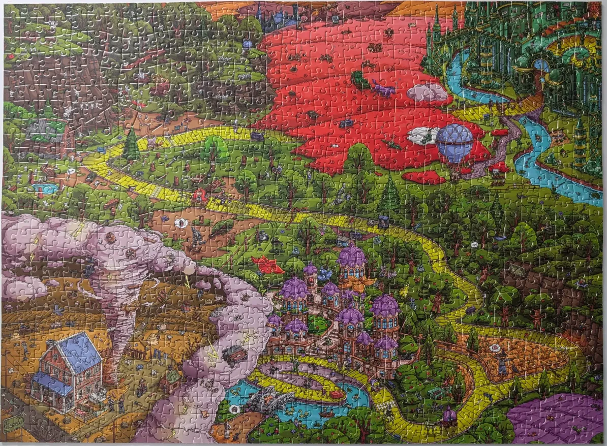 An illustrated map of the Land of Oz featuring a yellow brick road, a tornado, and a green emerald city.