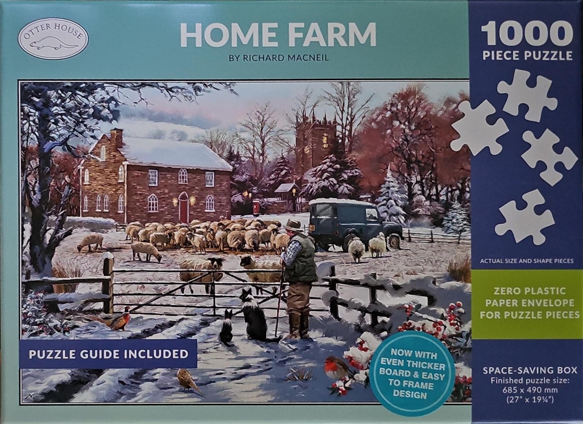 A wintry rural farm scene featuring a shepherd with his dogs tending to a flock of sheep in front of a stone farmhouse.