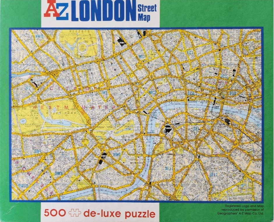 A vintage-style street map of central London, featuring yellow roads and the River Thames.