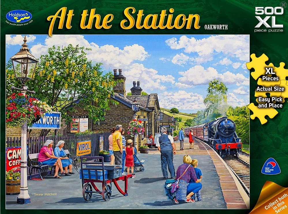 A nostalgic painting of a steam train pulling into Oakworth station with people waiting on the platform.