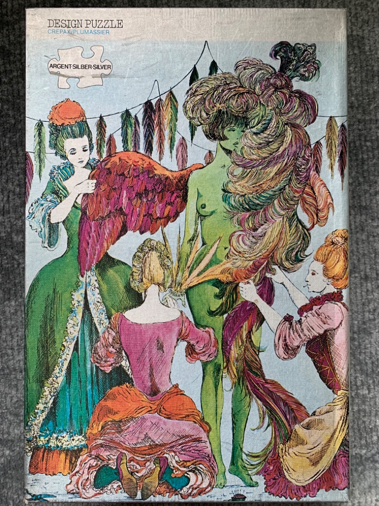 An illustration of three women in historical gowns attending to a nude figure adorned with elaborate, vibrant feathers.