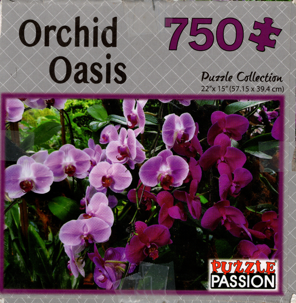 A cluster of vibrant purple and light pink orchid flowers in a lush garden setting.